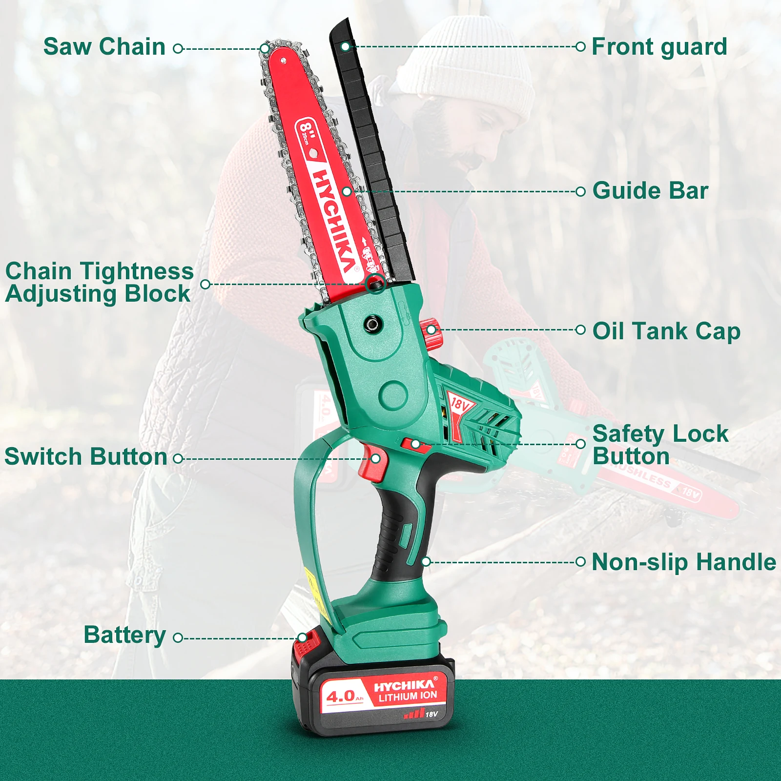 HYCHIKA Brushless Cordless Chain Saw 18V 6 Inch Mini Rechargeable Chainsaw with Battery-powered Electric Saw Tools for Cutting