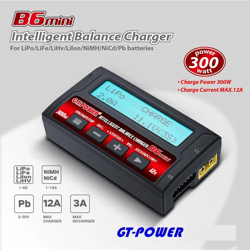 

GT.POWER IMAX B6 MINI Balance Charger Discharger 300 Вт 12А для радиоуправляемого вертолета Re-peak NiMH NiCD LiHV NiCd PB Li-Ion Battery Charge