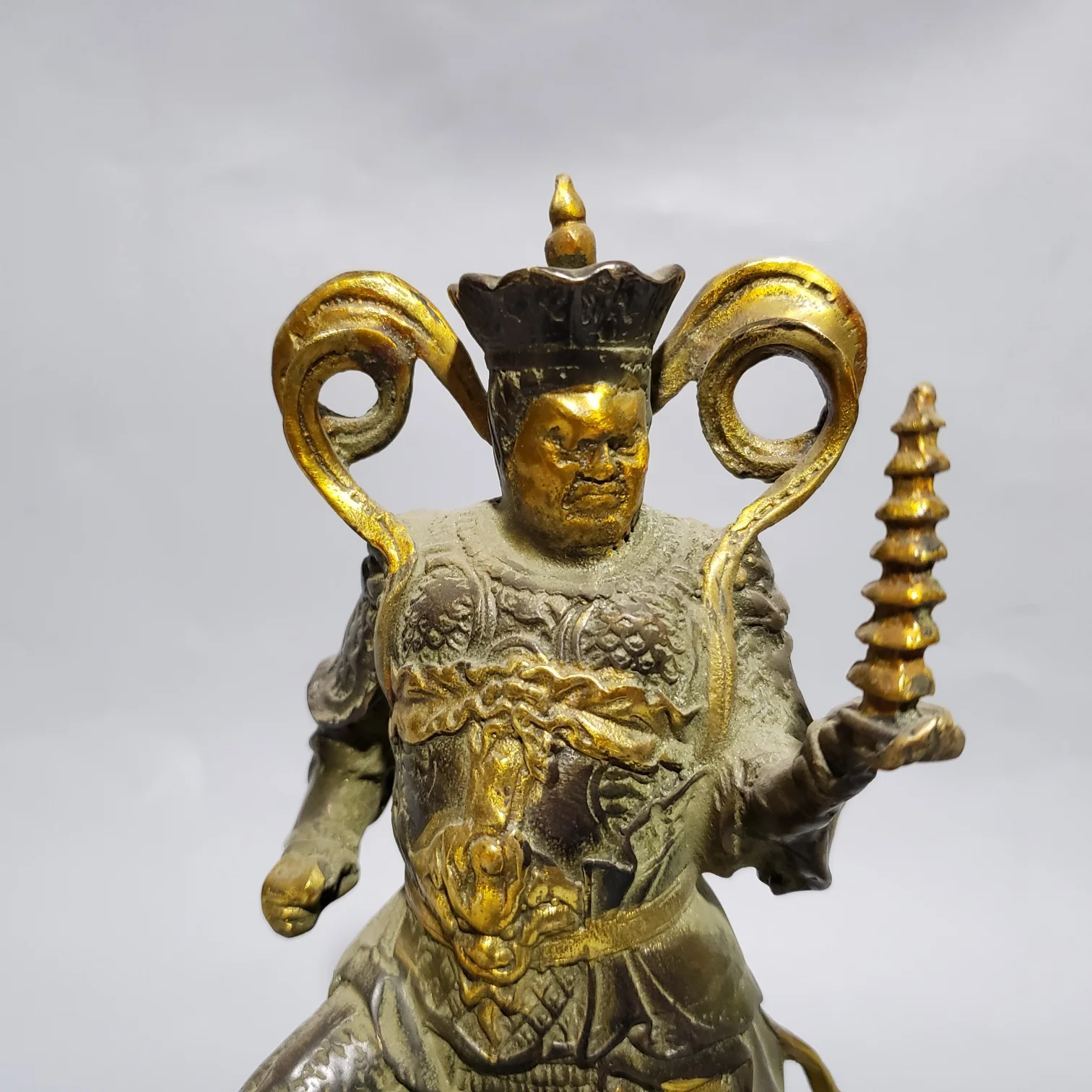 Antique Made Old Bronze Gilt Tota Li Tianwang Statue Home Decorations