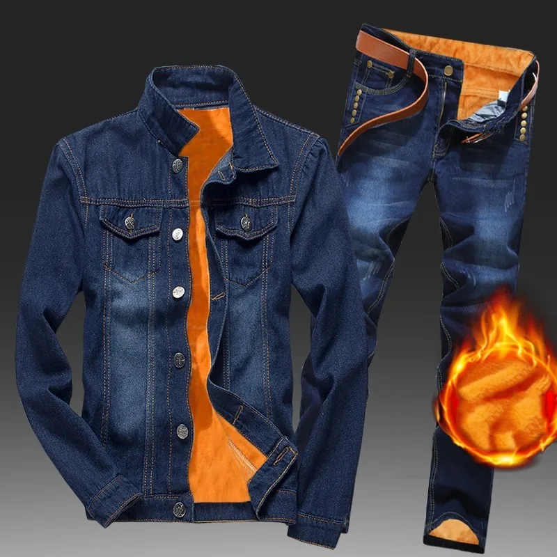 Winter Men Fleece Lining Thick Warm Denim Two Piece Set Slim Fit Cowbody Jacket Jeans Suit Safari Style Cargo Pants Matching Set