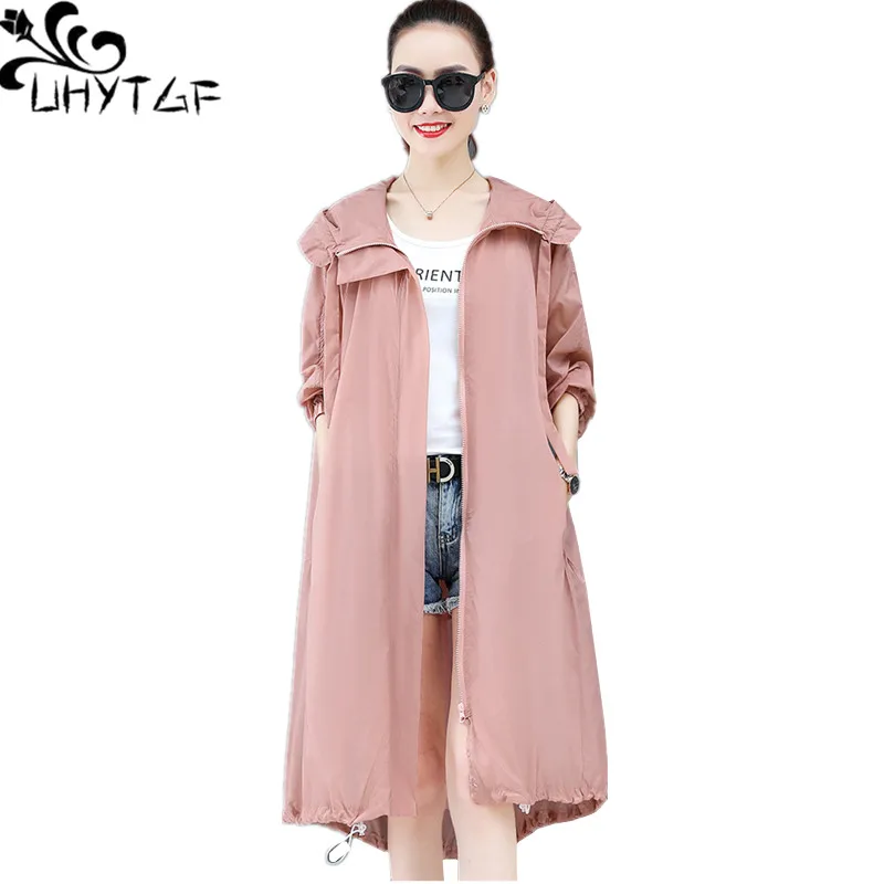 UHYTGF Summer Coat Womens Long Sleeves Ice Silk Thin Sunscreen Clothing Hooded Breathable Anti-UV Loose 3XL Big Size Jacket 2095