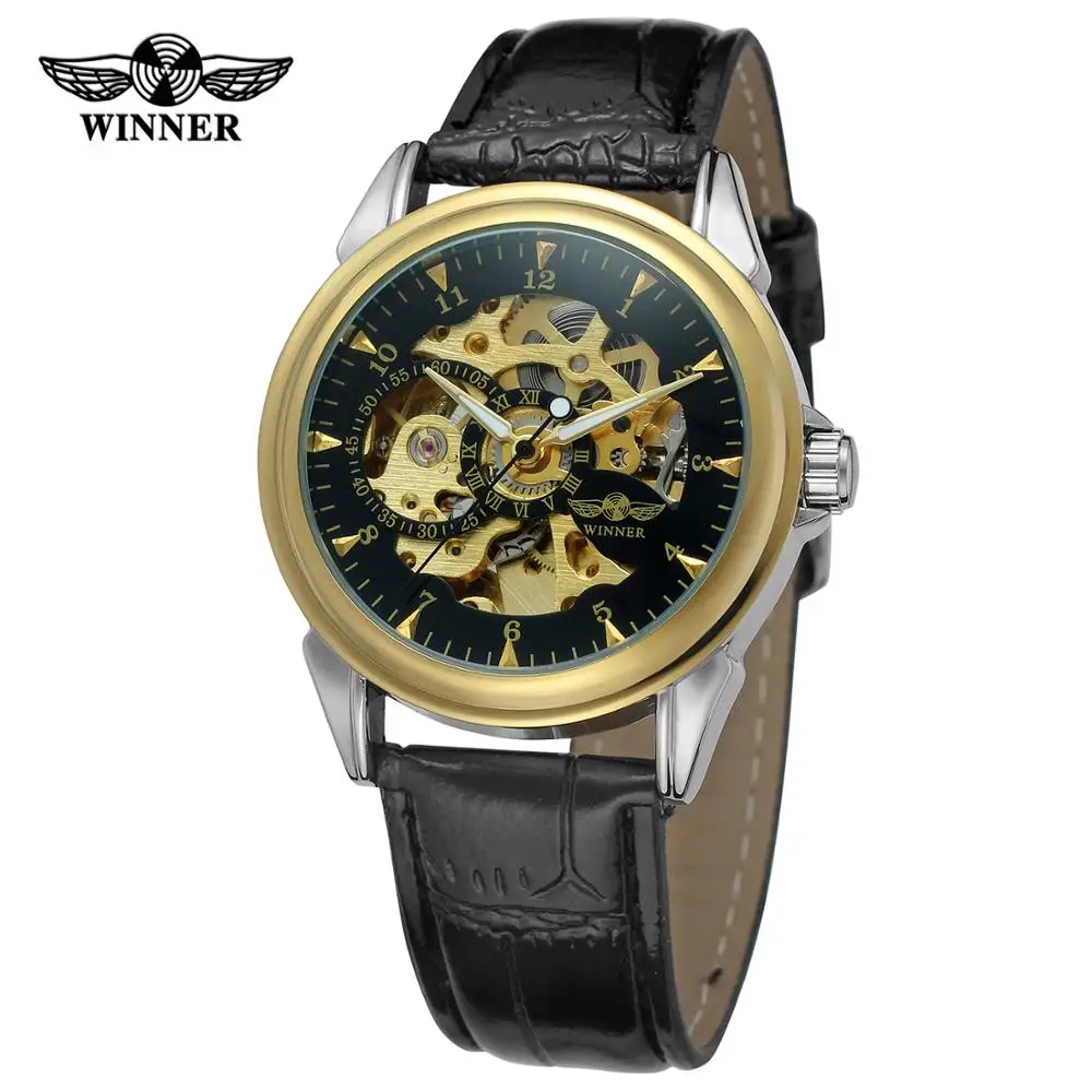 WINNER Fashion trend men's and women's watches leather strap black dial hollow design automatic mechanical watches