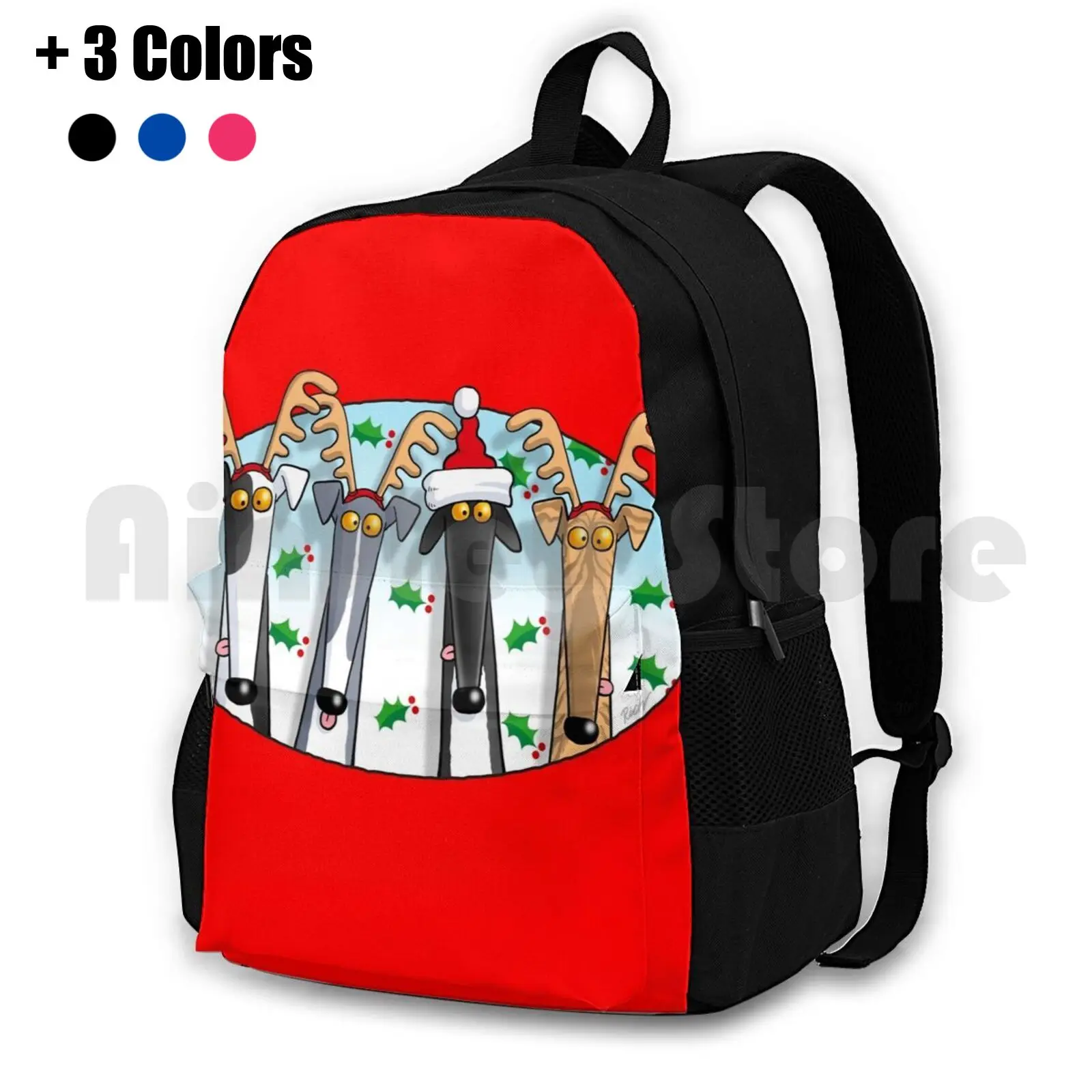 Greyhound Antlers ( Assorted ) Outdoor Hiking Backpack Waterproof Camping Travel Greyhound Christmas Cartoon Whippet Lurcher