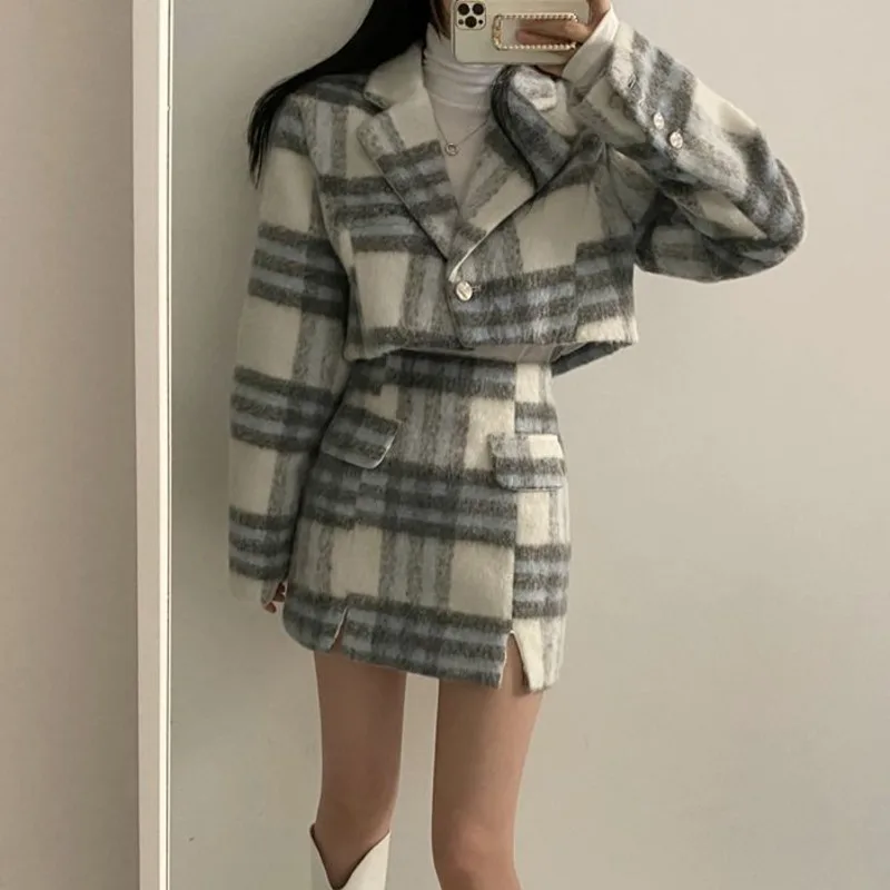 2022 frühjahr Weiblichen Plaid Woolen Anzug Zwei Stück Sets Hohe Taille Mini Rock Saison Wolle-mischungen Kurze Jacke Oberbekleidung Streetwear