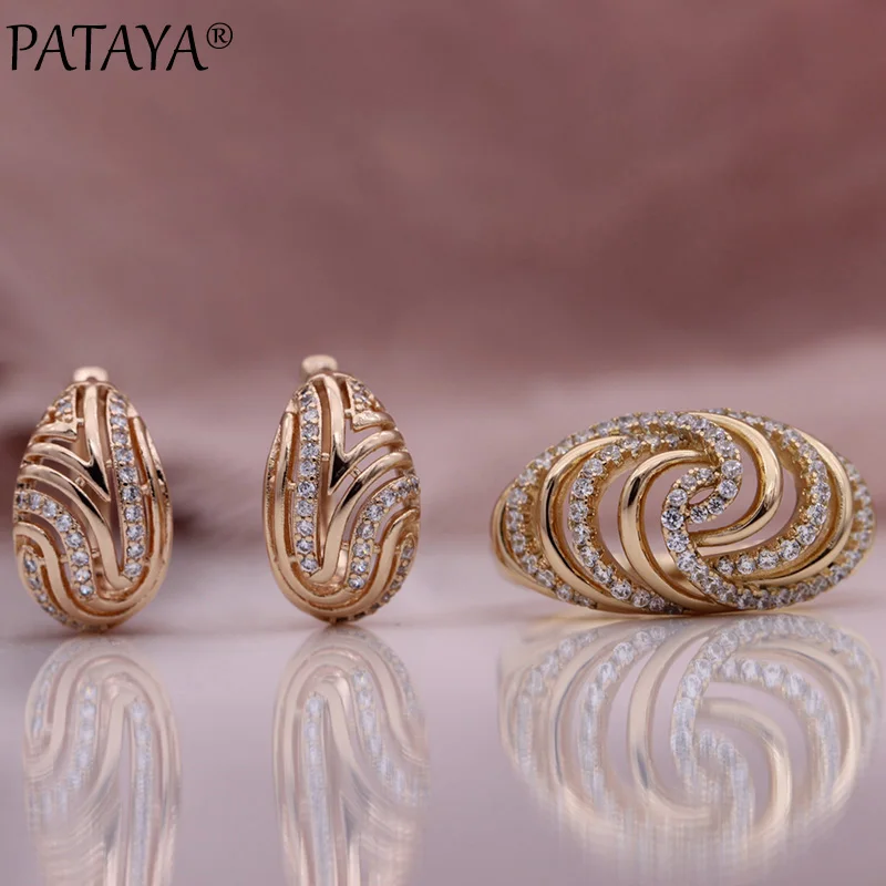 PATAYA New Hollow Drop Earrings Ring Sets 585 Rose Gold Color Natural Zircon Fashion Jewelry Set Women Wedding Luxury Fine Noble