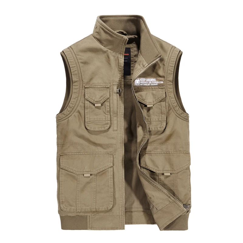 

Cotton Denim Mens Vests with Many Pockets Casual Military Multi-pocket Army Khaki Waistcoat Sleeveless Jacket Male 2020