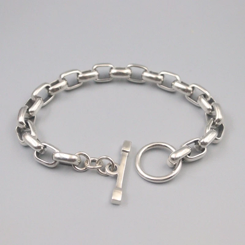 

Pure 925 Sterling Silver Bangle New 8mm Long Square Link Chain Bracelet Men Lucky Gift 38-39g / 20cm