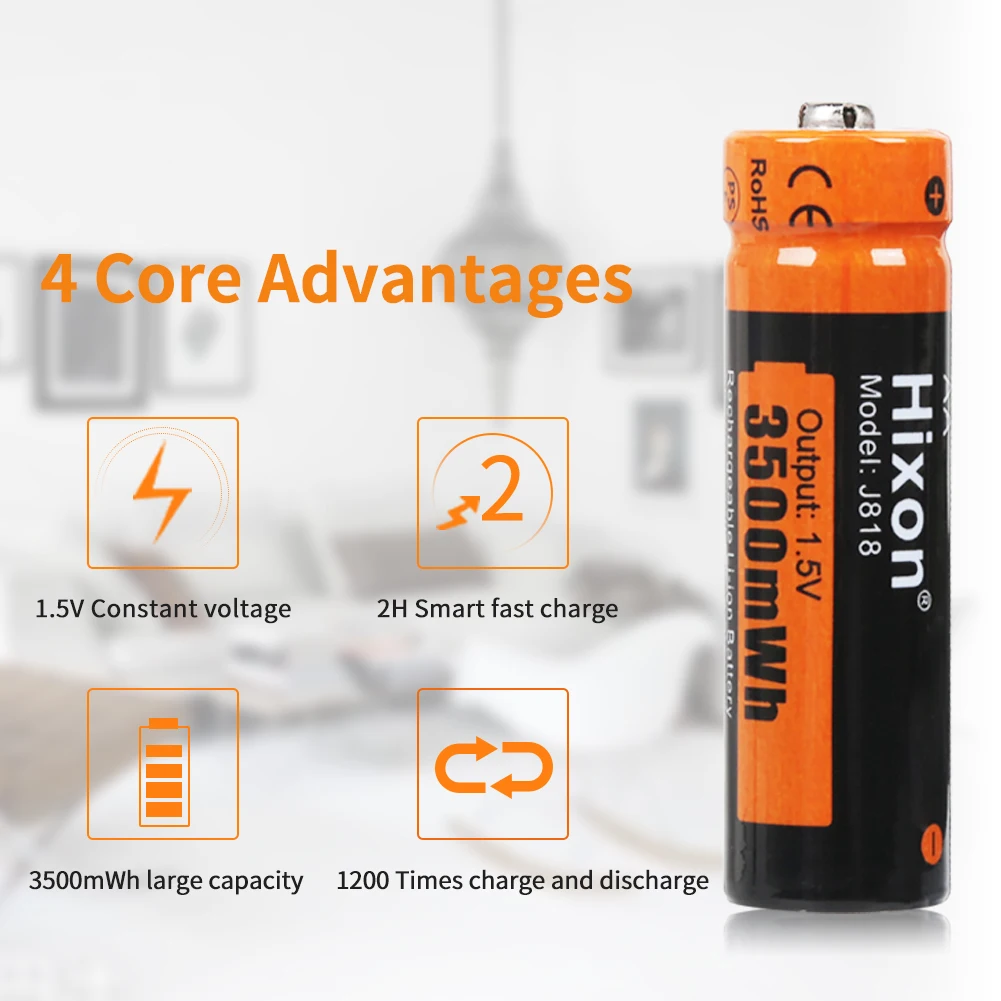 Hixon 1.5V ad alta capacità di 3500mWh batterie ricaricabili agli ioni di litio AA con caricabatterie rapido, supporto all'ingrosso, torcia, ventola