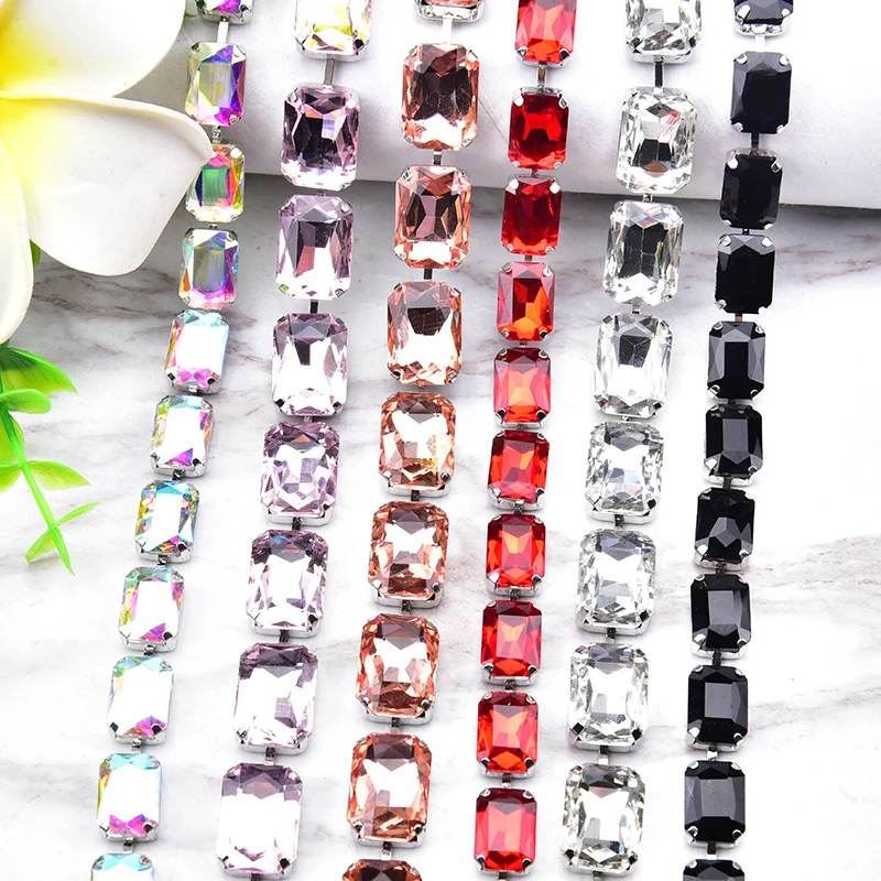 Big Rectangle Glass Silver Metal Rhinestone Cup Chain Trimming Sew on Clothing Edge Ribbon Decoration Diy Jewelry Accessories