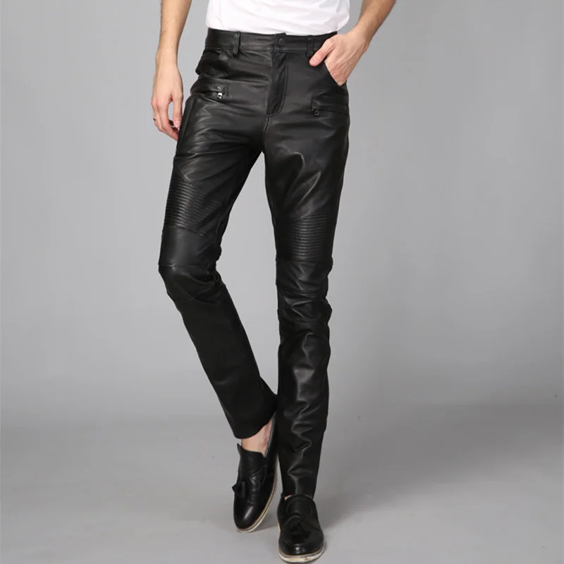 

2022 Men New Windproof Motorcycle Biker Genuine Leather Skinny Pants Rock Casual Spring Full Length Pleated Punk Male Trousers