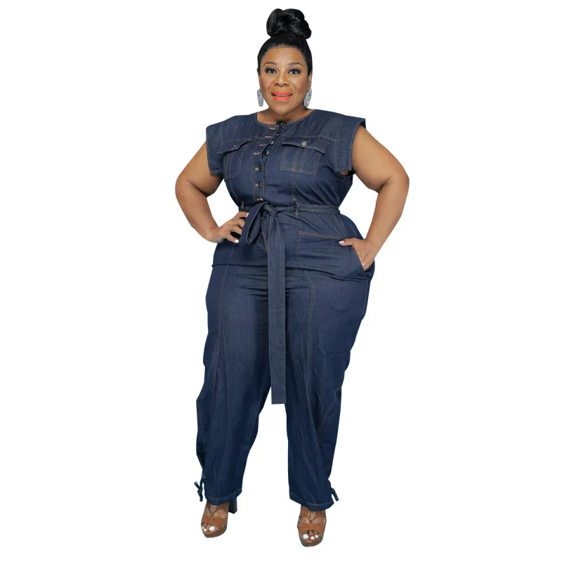 Plus Size Women Casual Denim Jumpsuits New Arrivals Single-breasted High Waist Sashes Lady's Sleeveless Lace-up Autumn Rompers