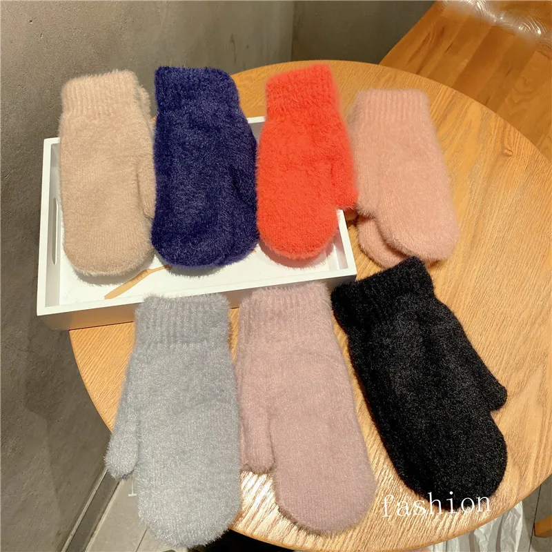 Simple Style Knitting Wool Plus Velvet Thicken Full Finger Women Winter Mittens Gloves Hairy Cute Lovely Sweety Keep Warm Soft