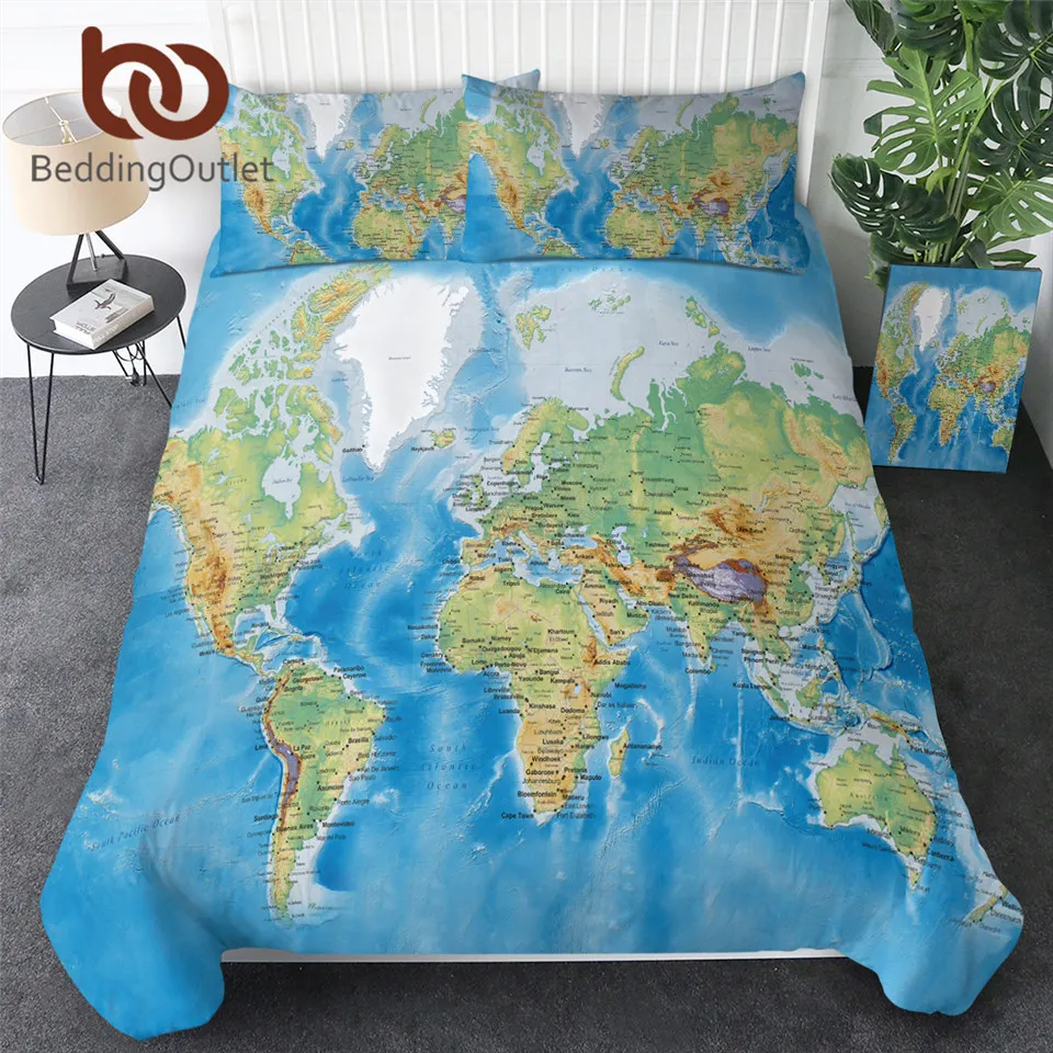 BeddingOutlet World Map Bedding Set Vivid Printed Blue Bed Duvet Cover with Pillow Covers Soft Cozy Home Textiles Queen Size 3pc