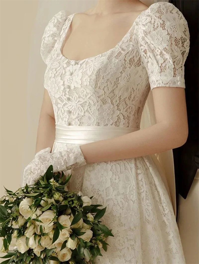 Se Cổ Hàn Quốc Phong Cách Càn Quét Tàu Áo Cưới Ren Sang Trọng Chữ A Bowtie Lưng Cô Dâu Đồ Bầu Vestidos De Mairee Váy Cưới