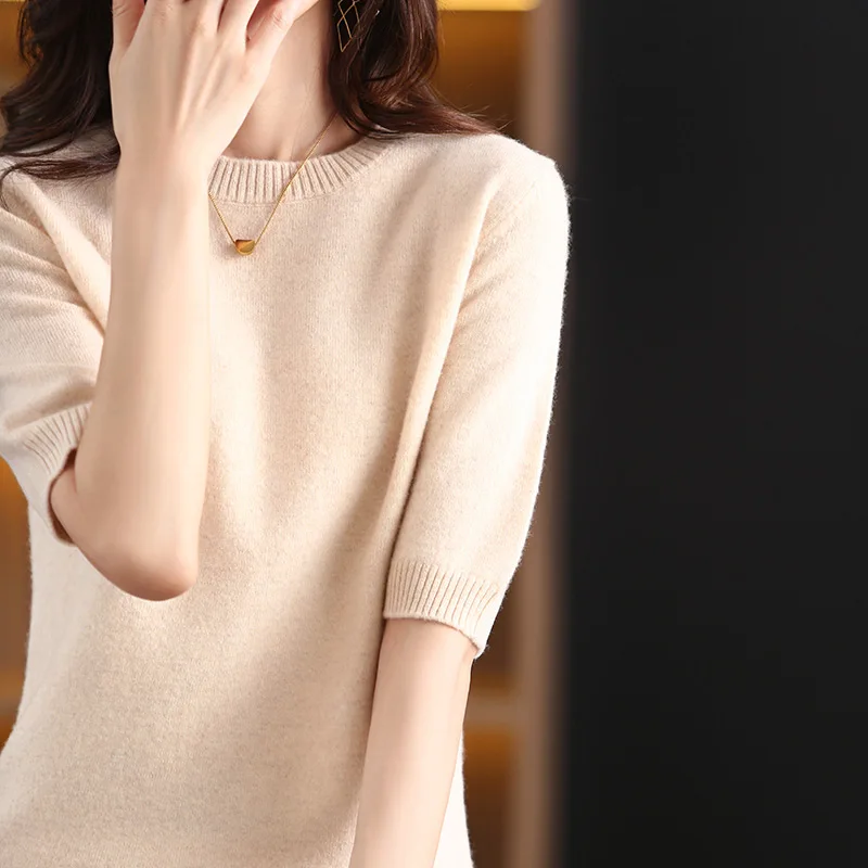 Hot Sale 100% Wool Cashmere Women\'s Sweaters And Pullovers Autumn Female O-Neck Clothing Short SLeeve Soft Jumper Tops Spring