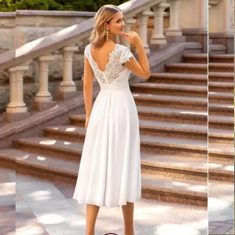 Curto simples vestido de casamento com decote em v mangas curtas rendas tornozelo comprimento vestido de noiva robe para petite feminino noivas lindo