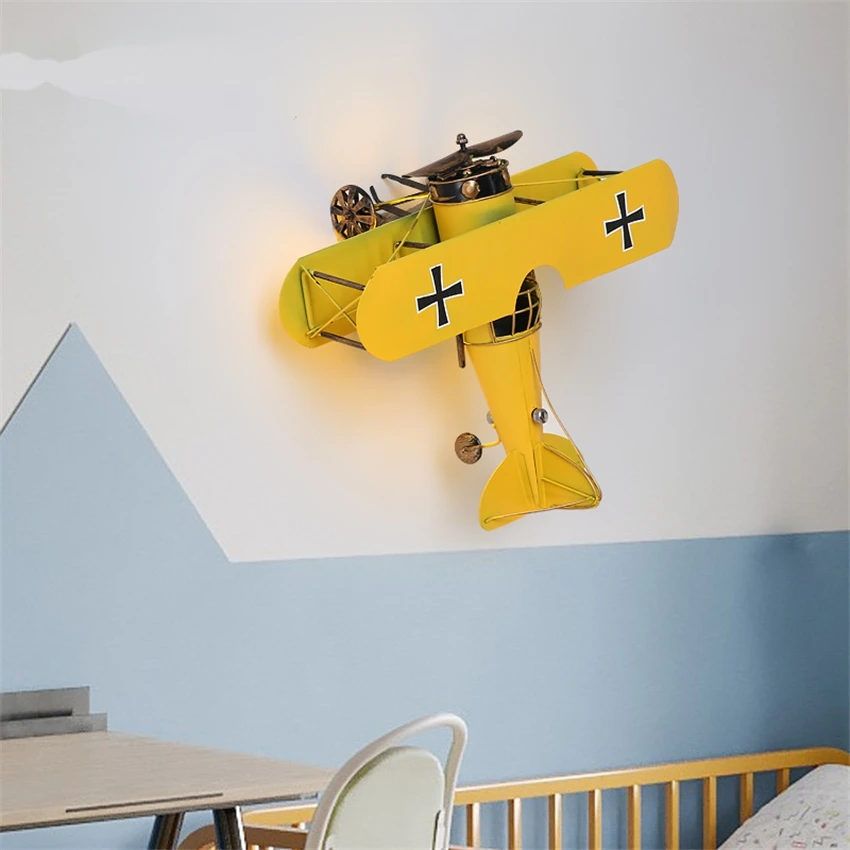 Cartoon color aircraft iron decorative wall lamps children's bedroom plane bedside eye protection night sconces lights fixtures