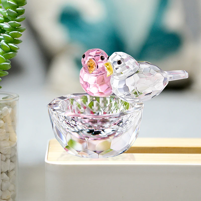 

H&D Crystal Birds On a Bowl Figurine Art Glass Ring Holder Collectible Animal Paperweight for Table Home Decoration XMAS Gift