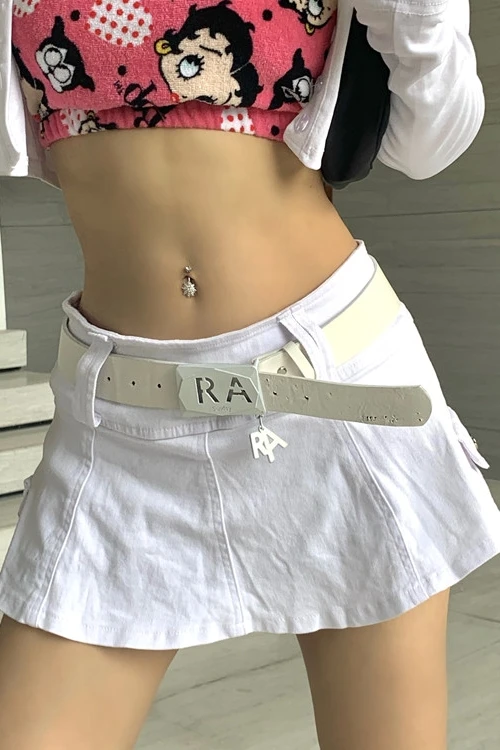 Girls Harajuku Dropped Waist Punk Hot Design White Mini Denim Pant Skirt With Belt