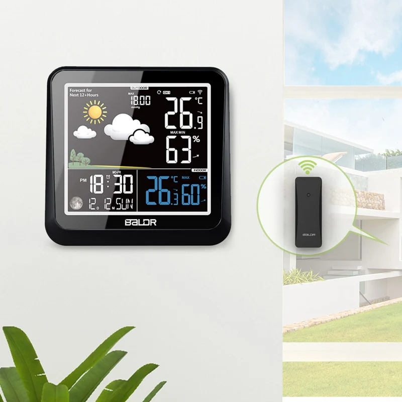 Baldr Color Display Weather Station With Moon Phase Dimmer In/Outdoor Thermometer Hygrometer Snooze Alarm Clock Remote Sensor