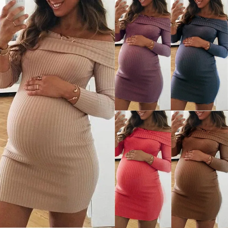 

XXL New Maternity Dresses Maternity Skirt Solid Color One-Shoulder Dress for Pregnant Women Plus Size Sexy Pregnancy Clothes