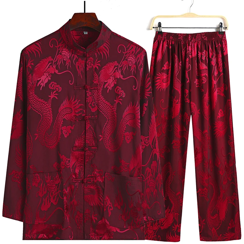 Novelty Clothes New Chinese Style Men\'s Tang Suit Sets Long Sleeve Long Pants Dragon Kung Fu Suit Satin Silk Wu Shu Tai Chi Sets