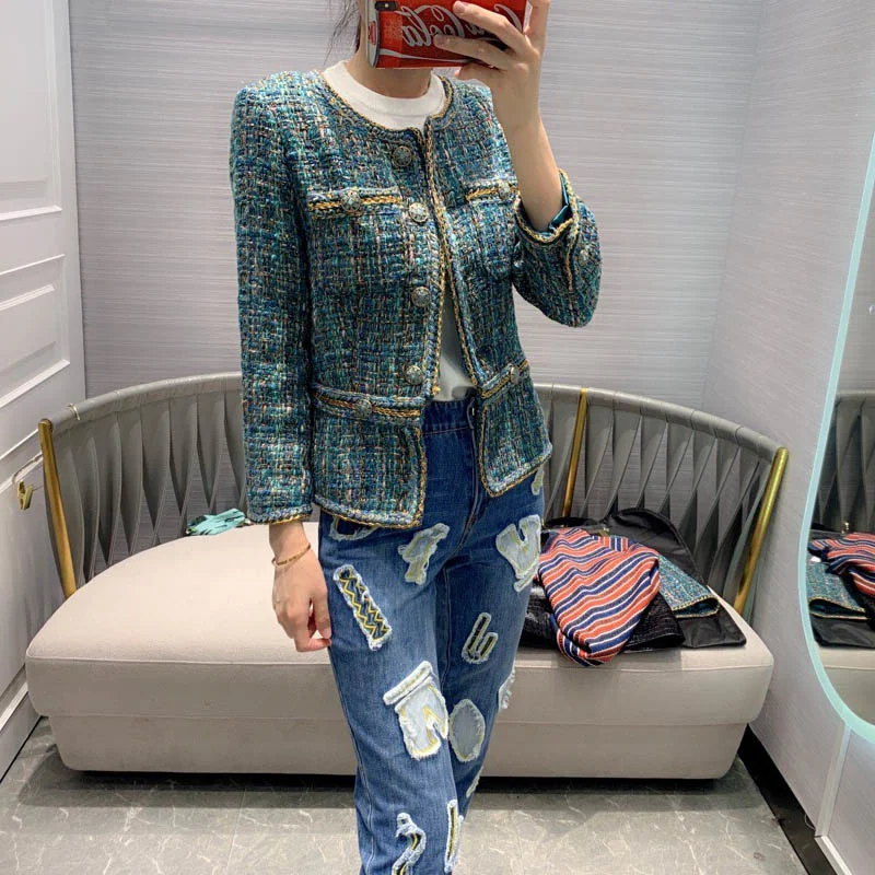 Tweed Women Jacket Autumn New Blue Round Neck Long Sleeve Diamond Button Short Coat Fashion Vintage Female Jacket S-XL