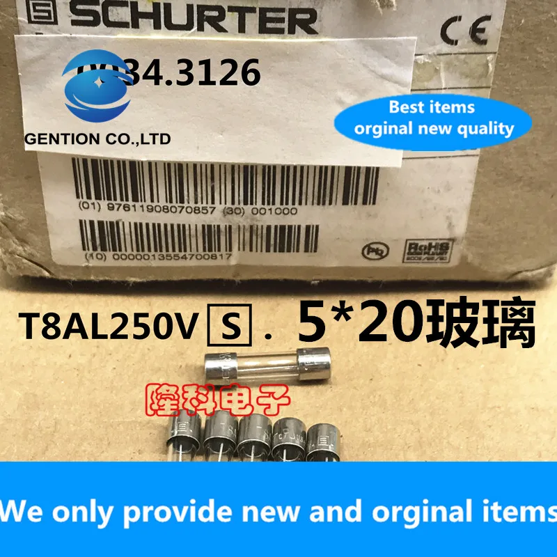 10PCS 100% New original T8AL250V 5x20 glass fuse Swiss Shute 0034.3126 imported 8A 250V delay slow melting