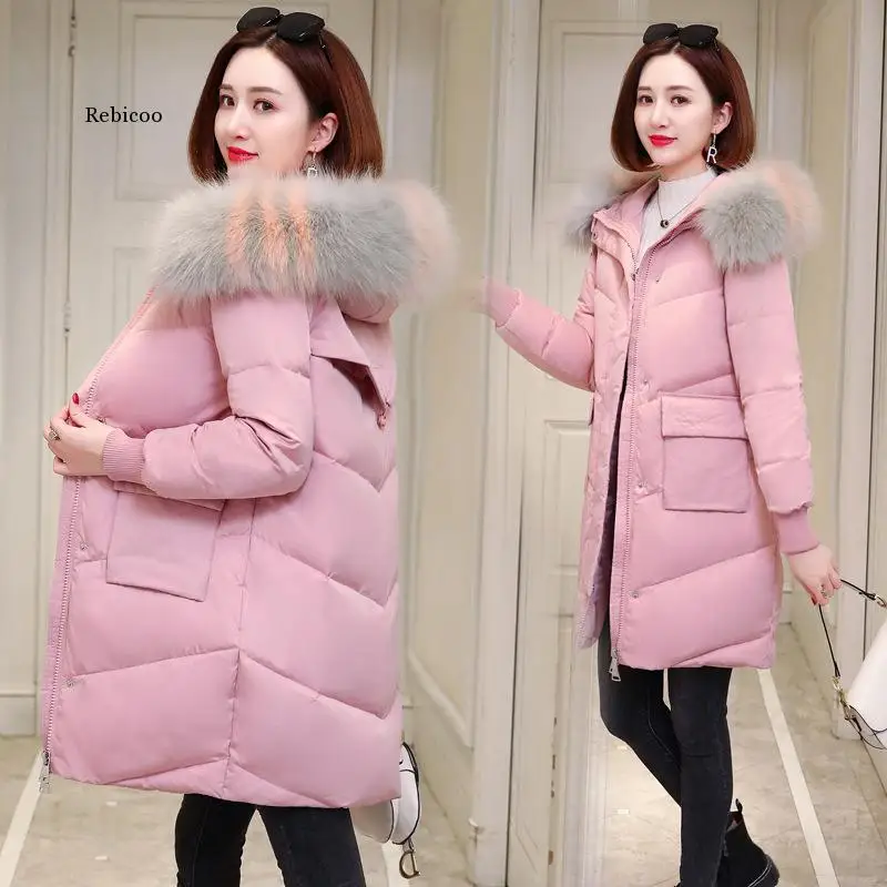 

Mid-Length Cotton-Padded Jacket Women Winter Fashion New Big Fur Collar Hooded Long-Sleeved Thick Warm Coat Trend