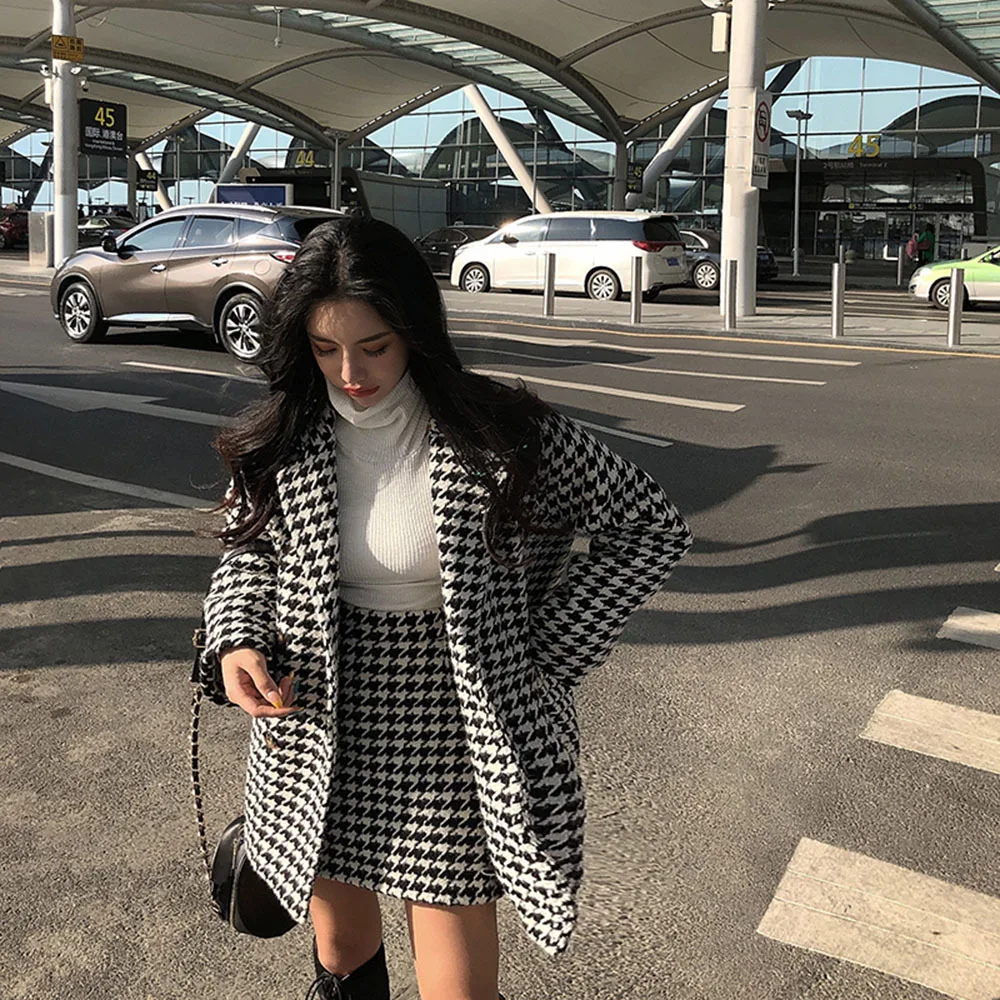 Spring Autumn Two 2 Piece Set Retro Houndstooth Small Fragrance Wind Mid-length Coat High Waist Skirt Women Jackets Elegant Set