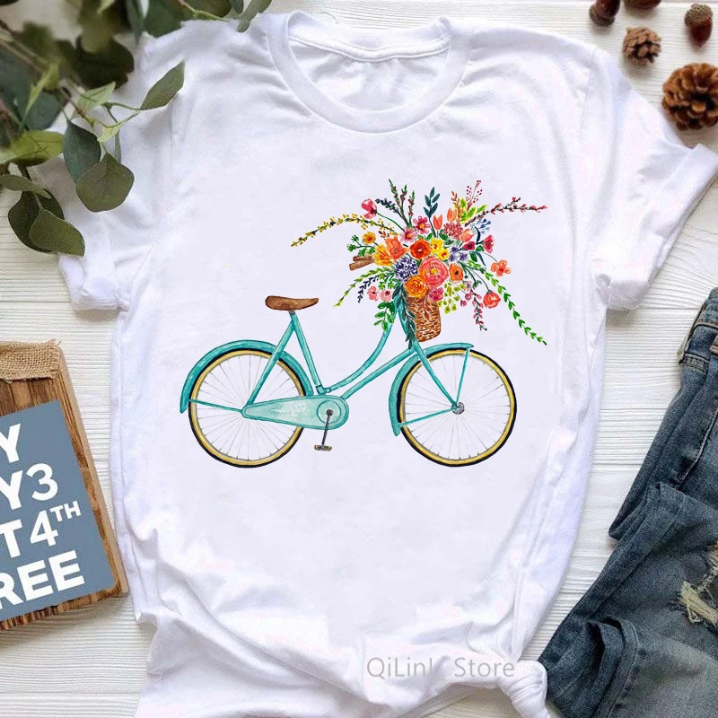 

New Arrival 2024 Tshirt Women'S Clothing Bicycle Flowers T-Shirt Femme Cool White T Shirt Female Harajuku Shirt Streetwear