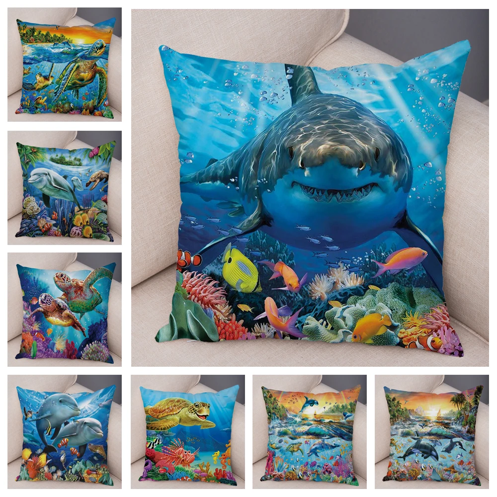 Turtle Shark Dolphin Animal Pillowcase Decor Underwater World Cushion Cover Soft Plush Pillow Case for Sofa Home Car 45x45cm