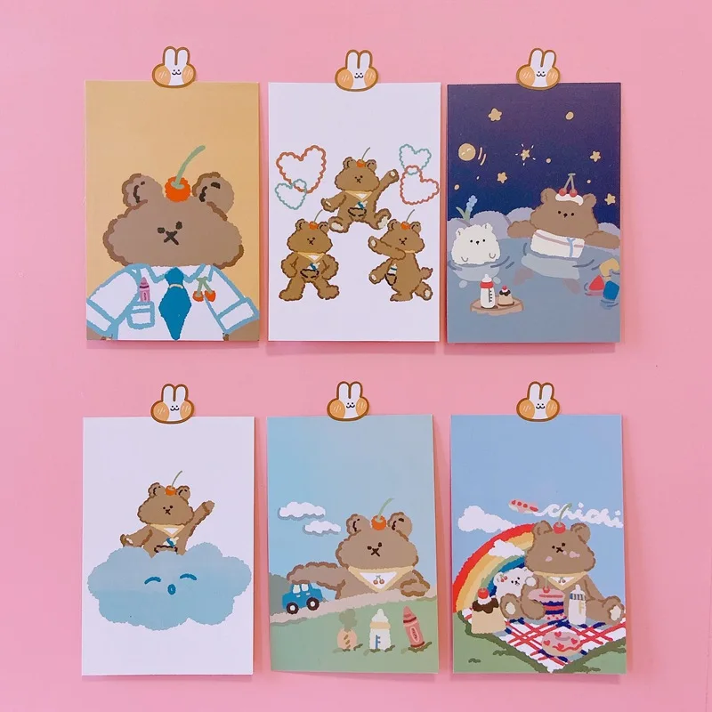 6pcs Kawaii Ins Cherry Candy Bear Double Side Decoration Card Background Journal Album Wall Sticker Photo Props Stationery Gift