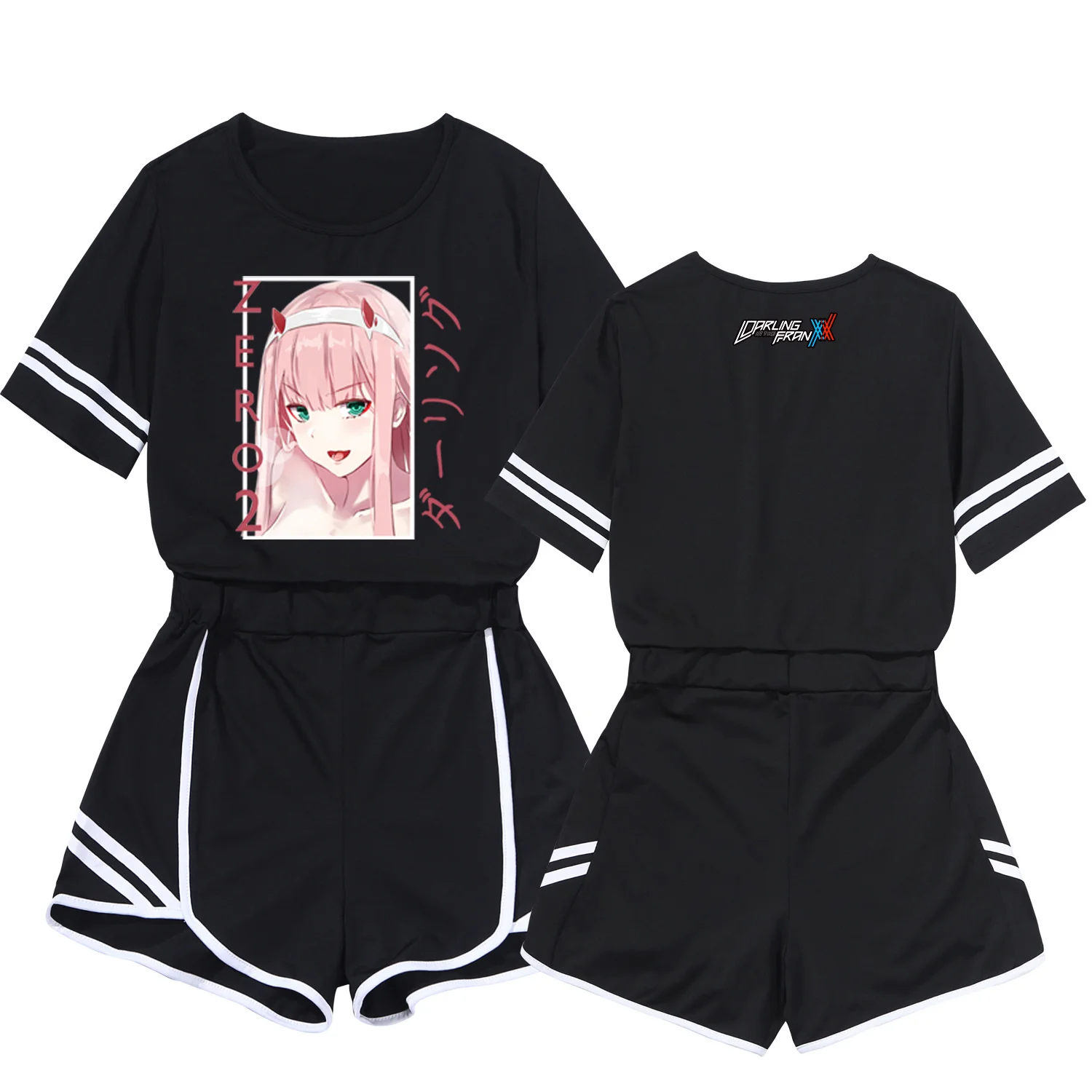 Darling In The Franxx Crop Short Suit Two Piece Anime Cosplay Zero Two Sweet Print Women Girl Streetwear Tracksuit Sportswear