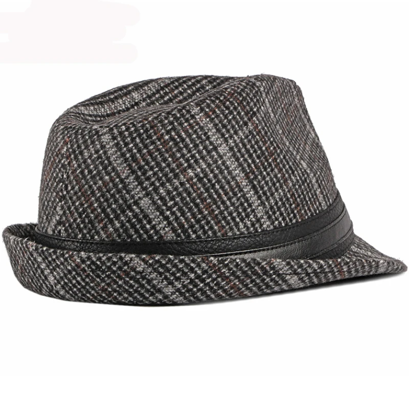 HT2774 Fedoras Autumn Winter Hat Caps for Men Vintage Plaid Wool Hat Retro Gentleman Black Band Fedora Hat Male Trilby Jazz Hat