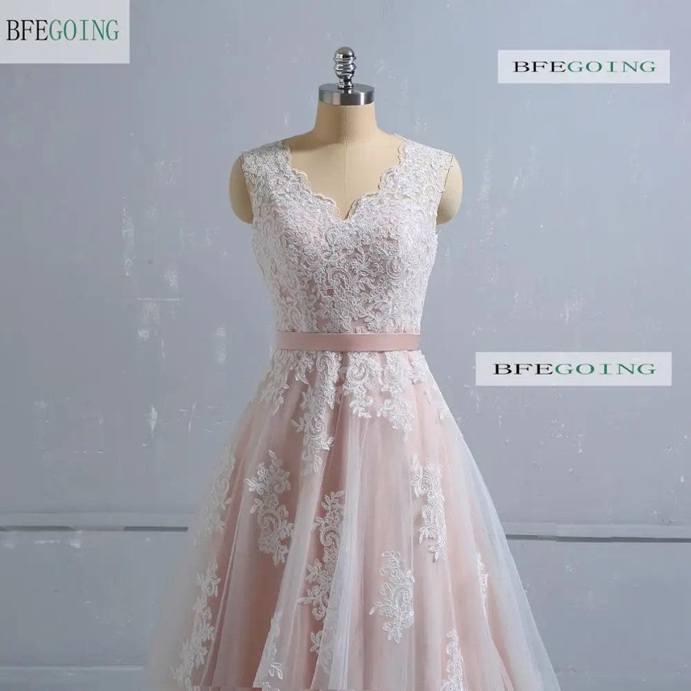 Ivory Lace Tulle Blush Pink V-Neck Sleeveless  Floor-Length A-Line Wedding Dress Court Train Custom Made