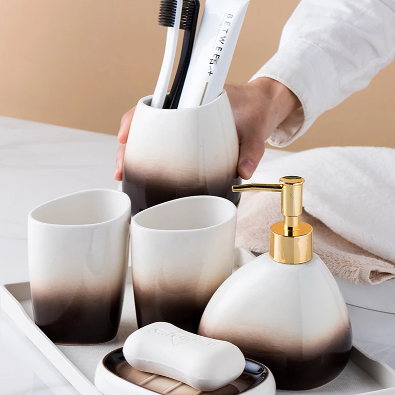 Ceramic Bathroom Accessories Sets Gradient Lotion Dispenser Pump Bottle Toothbrush Holder Mouthwash Cup Soap Dish Washing Tools