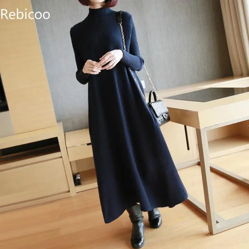 

New Women's Autumn Knit Dress Lengthen Big swing Dress Boutique Winter Large size Dress Pullover Sweater Long Dress