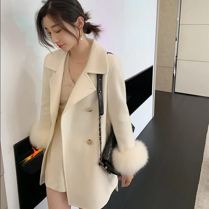 2022 New Style Women's  Wool Coat Real Fox Fur Collars Cuffs Fashion Cashmere Winter Overcoats Top Quality Long Fur Jackets