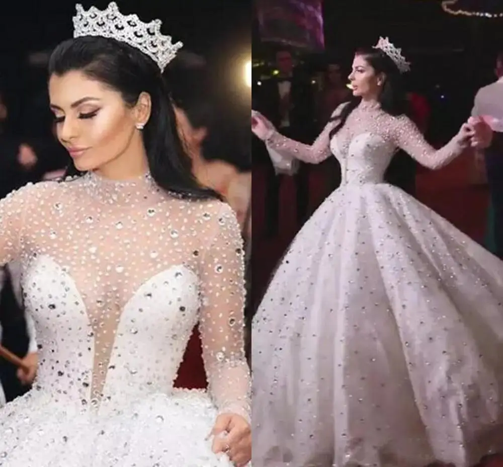 

Luxury Crystals High Collar Long Sleeve Wedding Dresses 2023 Sheer Bling Arabic Dubai Bridal Gowns Custom Vestidos De Noiva