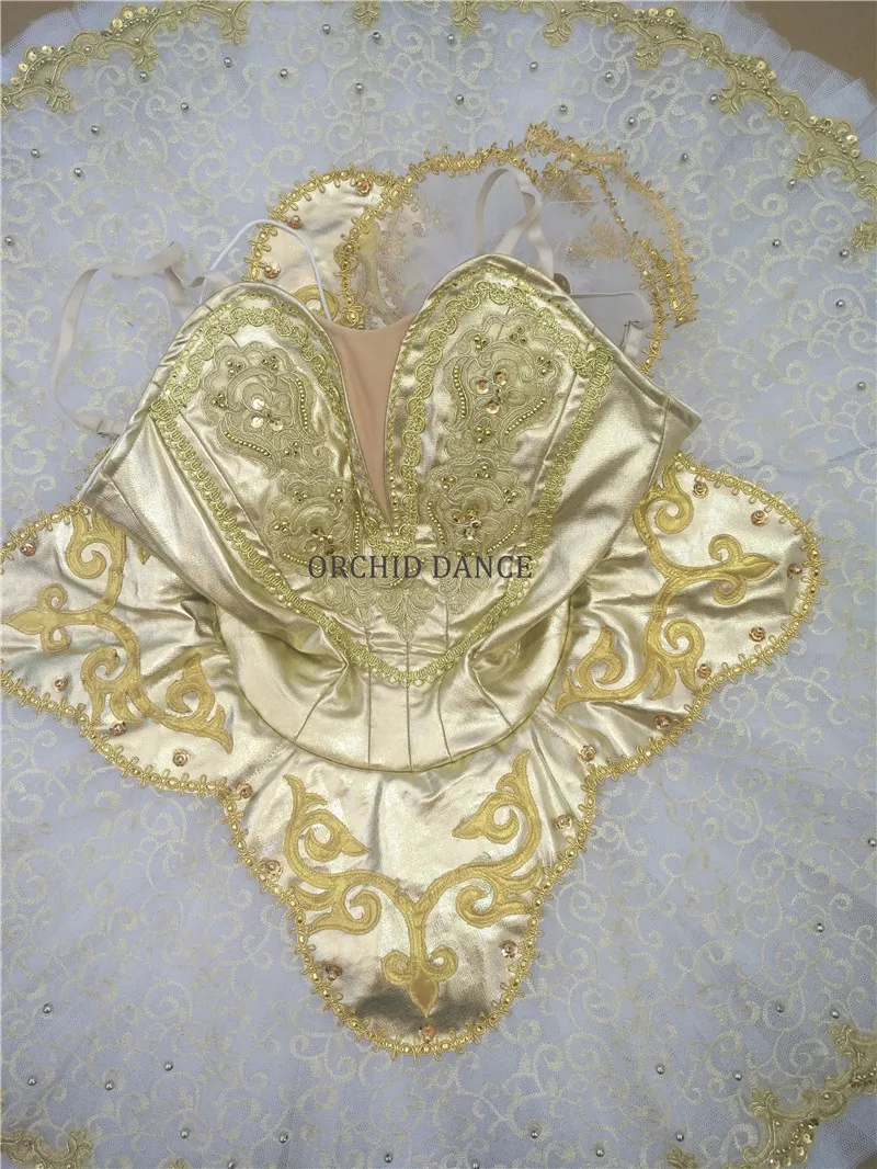 プロフェッショナル高品質ガールズパフォーマンスウェアゴールドバレエチュチュ