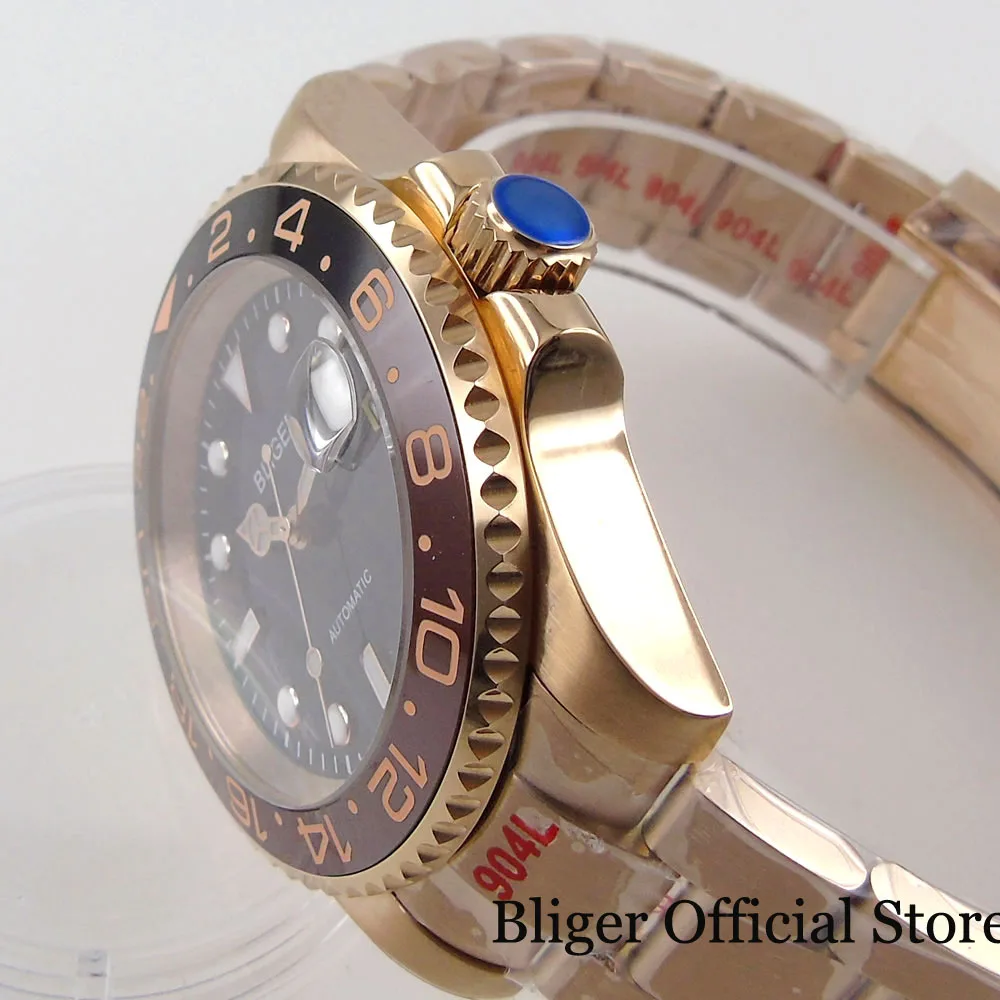 BLIGER PT5000 NH35A Rose Gold Automatic Men Watch Jubilee Steel Band Black Coffee GMT Insert Date Magnifier Screw Crown