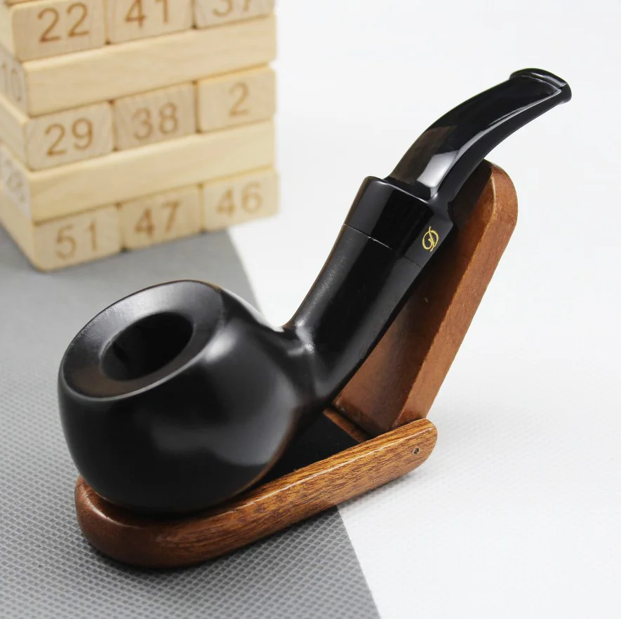 Unique Bent Handmade Nature Ebony Wood Smoking Pipe Round Tobacco Wooden Smoke Pipe Gift 10pc 9mm Filters + Pouch + Holder #410S