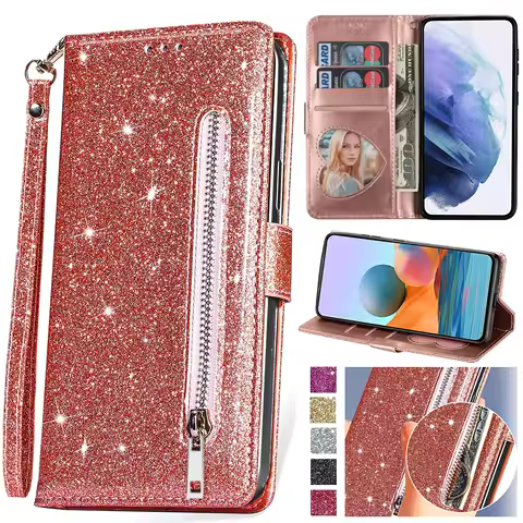 Glitter Leather Case for Samsung Galaxy S25 S24 Ultra S23 FE S22 S21 S20 S10 S9 Plus Note 20 5G Zipper Flip Wallet Phone Cover