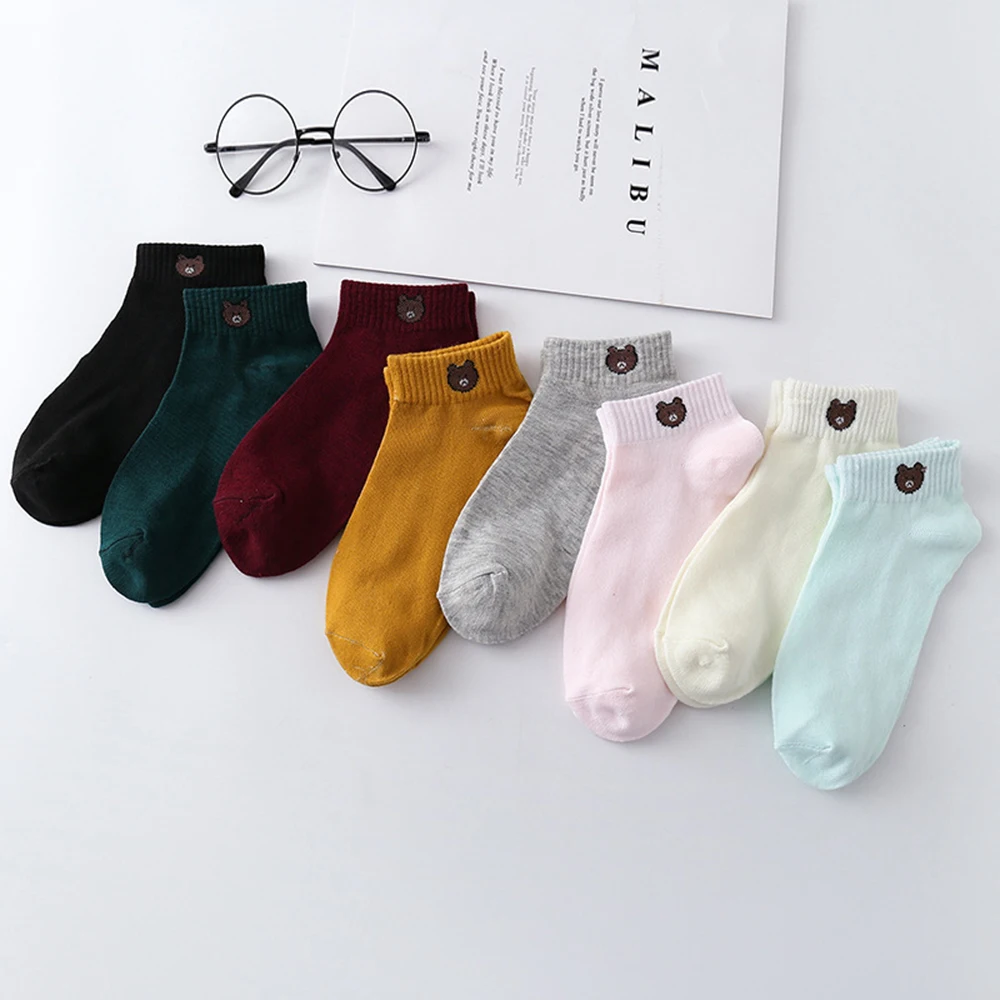 10 Pieces = 5 Pairs Women Short No Show Socks Set Cute Cartoon Bear Head Ankle Invisible Cotton Sock Slippers Korean Japan Funny