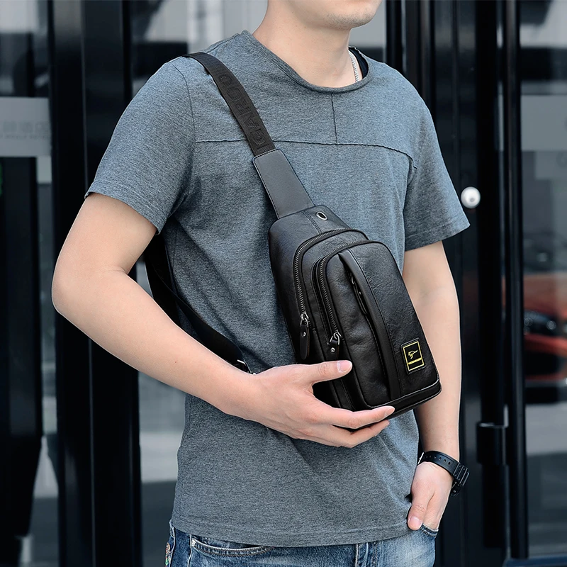 Kangaroo Luxury Brand Chest Bag Men Crossbody Bag Leather Chest Bag USB Charging Travel Sling Shoulder Bag Messenger Bag Male