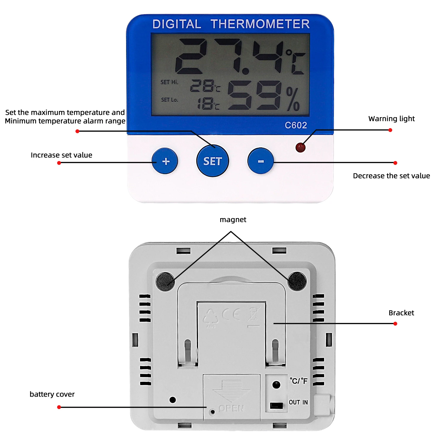 LCD Electronic Temperature  Humidity Meter Sensor Indoor Outdoor Refrigerator Freezer Thermometer Alarm  Weather Station  Clock