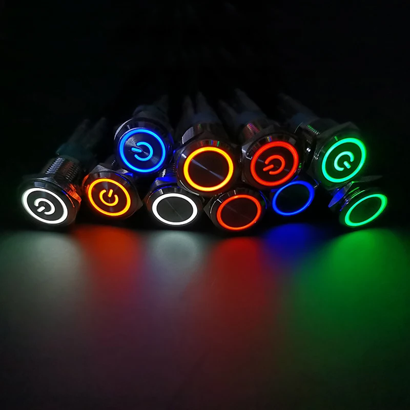 16mm Metal Push Button Switch Ring Lamp Power Symbol Buttons Waterproof Flat Head LED Light Self-lock Self-reset 1NO1NC