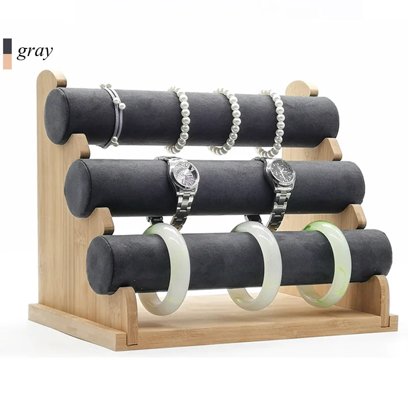 

Bamboo Gray Three-layers Bracelet Watch Displays Stand Bracelet Watch Necklace Head Rope Storage Rack Hair Ring Jewelry Displays