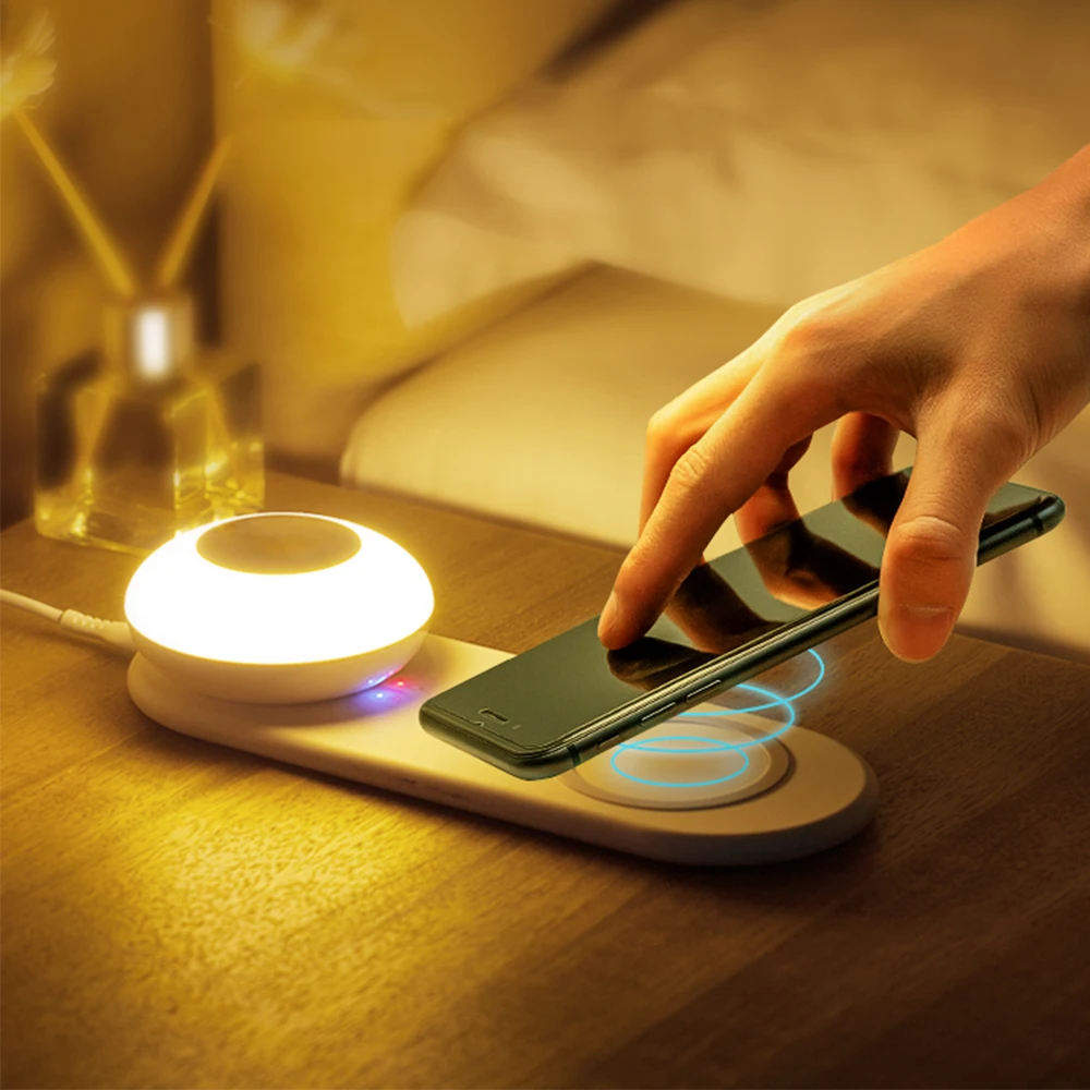 2 In 1 Night Lights With Wireless Charge For Mobile Phones Bedside Table Lamp Body Motion Bedroom USB Charge LED Desk Lamp